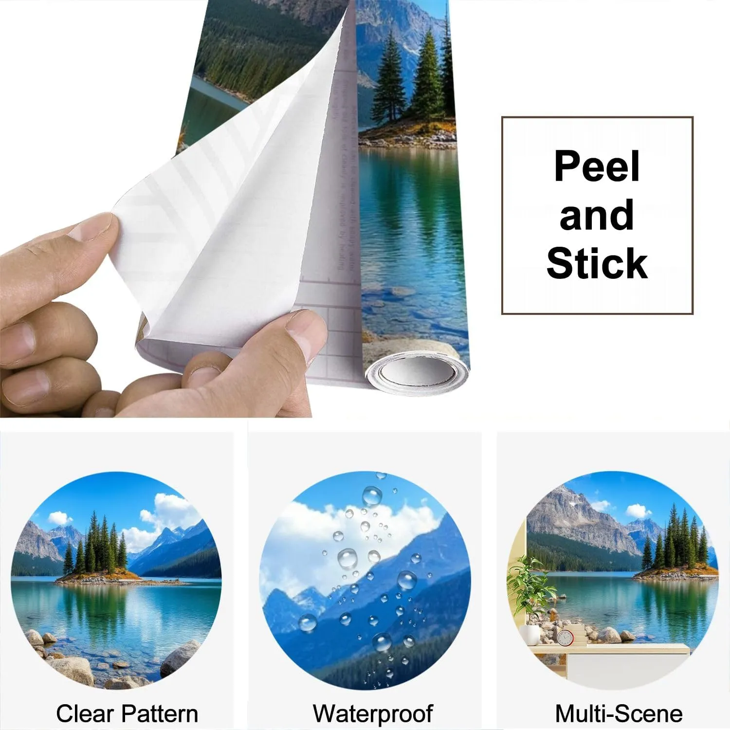 Wall Mural Wallpaper Forest River Sky Mountain 3D Printed Lake Island Trees Rocks Peel and Stick Wallpaper Self Adhesive Sticker Wrap Removable Vinyl Film Roll Paper Bedroom Decor