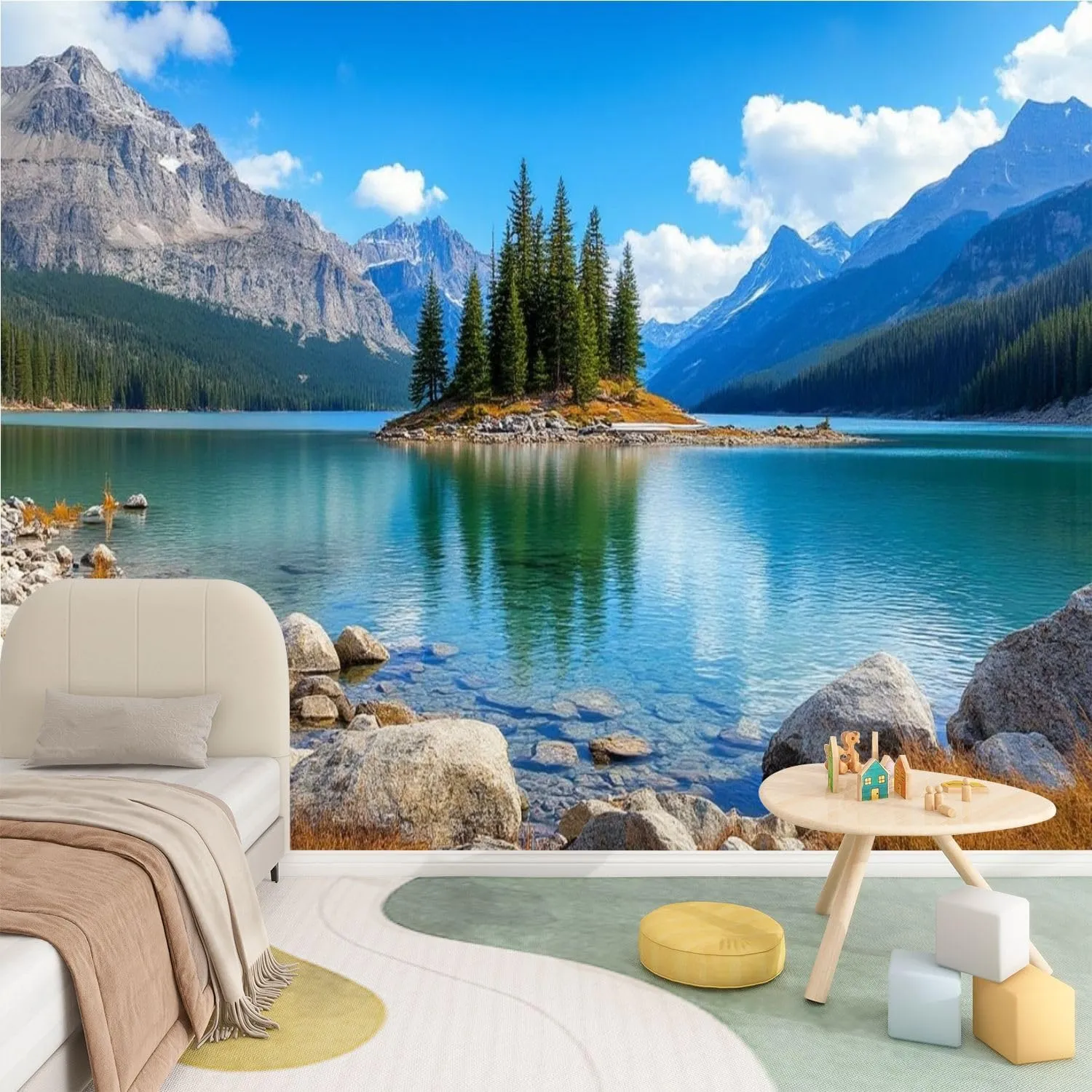 Wall Mural Wallpaper Forest River Sky Mountain 3D Printed Lake Island Trees Rocks Peel and Stick Wallpaper Self Adhesive Sticker Wrap Removable Vinyl Film Roll Paper Bedroom Decor