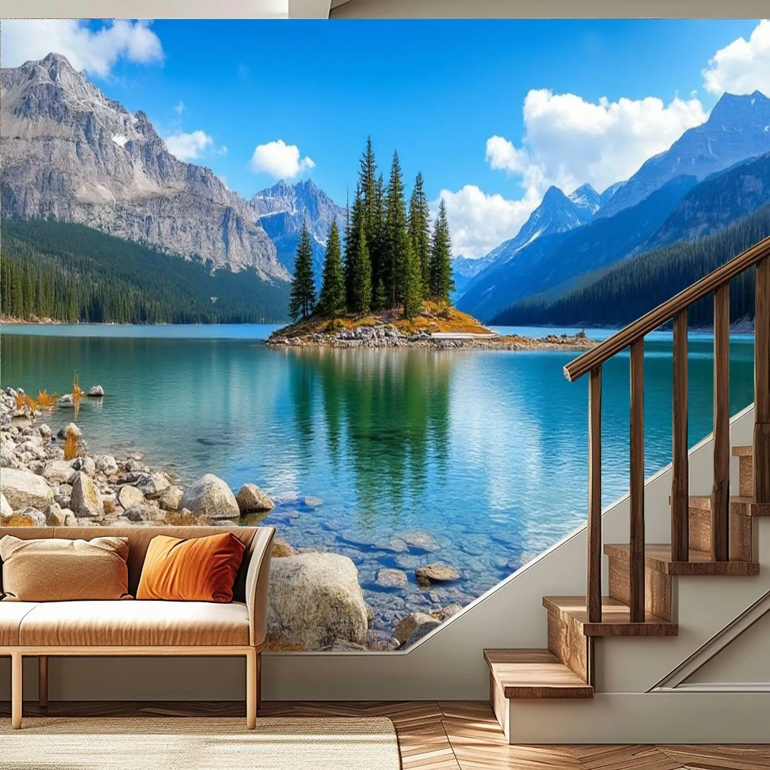 Wall Mural Wallpaper Forest River Sky Mountain 3D Printed Lake Island Trees Rocks Peel and Stick Wallpaper Self Adhesive Sticker Wrap Removable Vinyl Film Roll Paper Bedroom Decor
