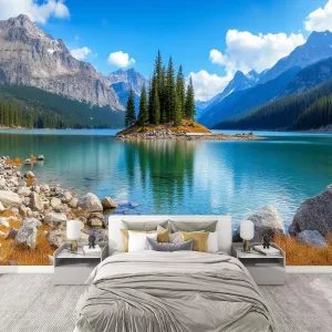 Wall Mural Wallpaper Forest River Sky Mountain 3D Printed Lake Island Trees Rocks Peel and Stick Wallpaper Self Adhesive Sticker Wrap Removable Vinyl Film Roll Paper Bedroom Decor