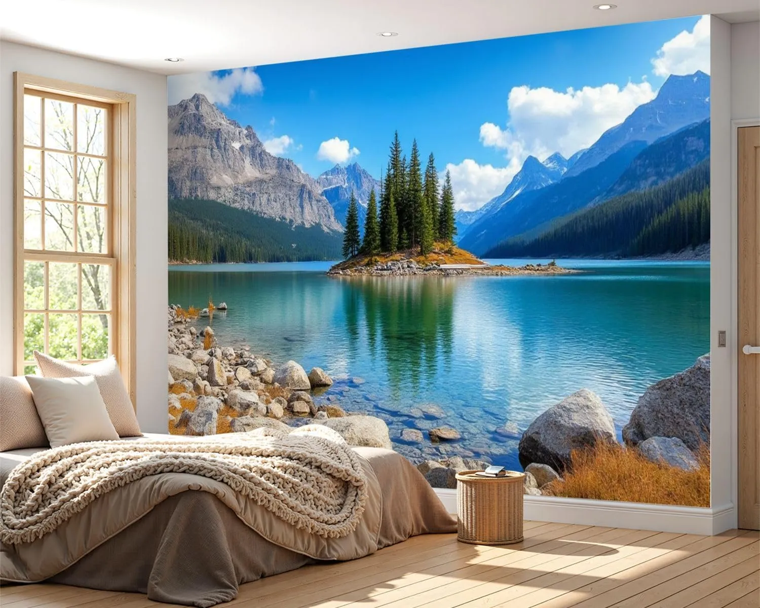 Wall Mural Wallpaper Forest River Sky Mountain 3D Printed Lake Island Trees Rocks Peel and Stick Wallpaper Self Adhesive Sticker Wrap Removable Vinyl Film Roll Paper Bedroom Decor