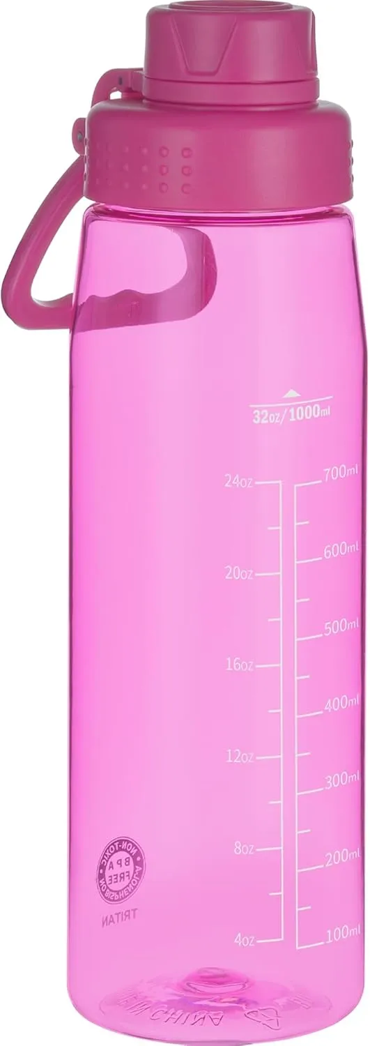Water Bottle 32oz, clear water bottle with Chug Lid and Carry Handle, Reusable, Tritan, BPA Free, Hiking Water Bottle Suitable for Travel, Outdoors, Gym, Travel, Home, School (Rose)