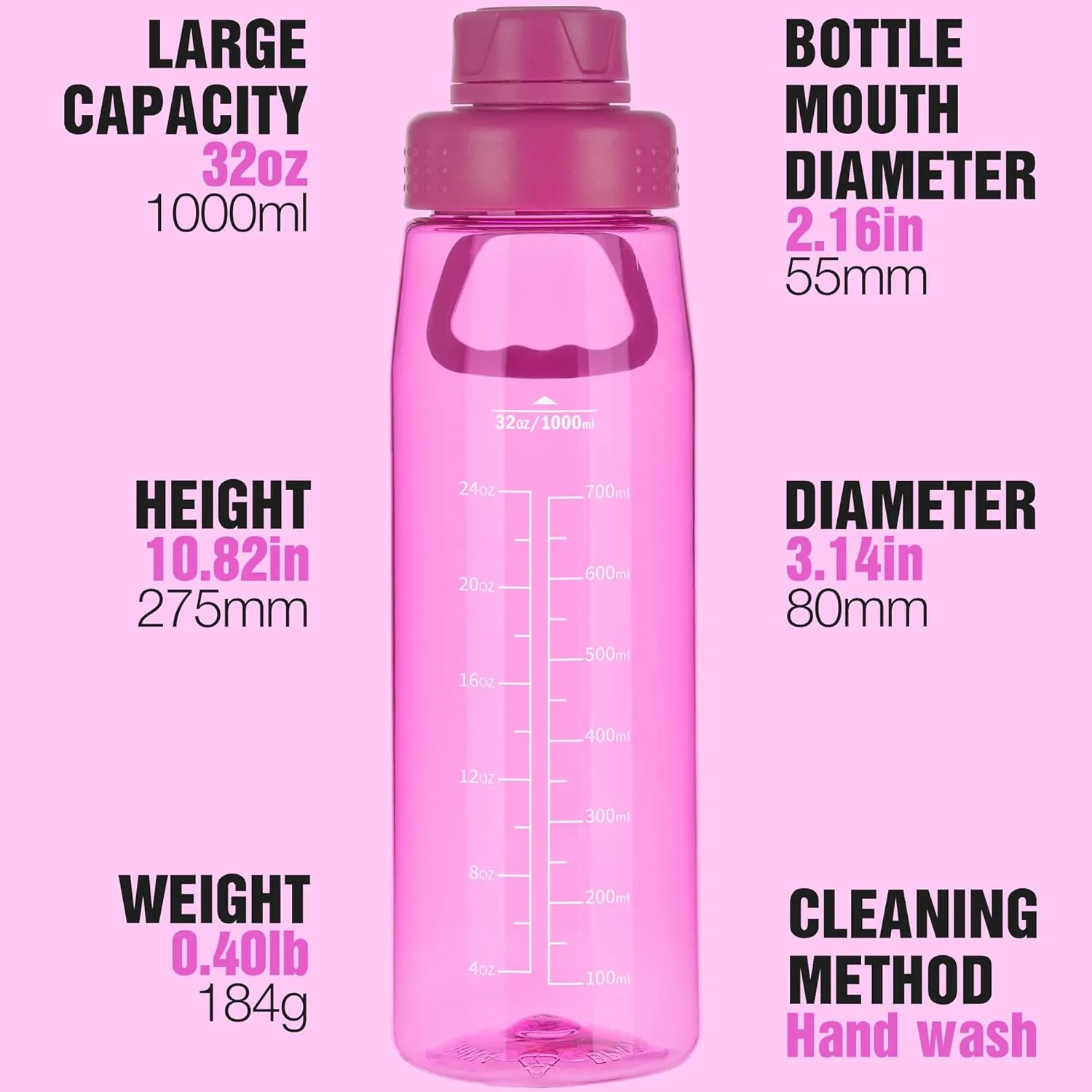 Water Bottle 32oz, clear water bottle with Chug Lid and Carry Handle, Reusable, Tritan, BPA Free, Hiking Water Bottle Suitable for Travel, Outdoors, Gym, Travel, Home, School (Rose)