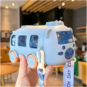 Water Bottle Portable Water Bottle With Shoulder Strap Cute Car Straw Water Cup Bus Shape Kettle 500 Ml Drinking Cup(Blue)