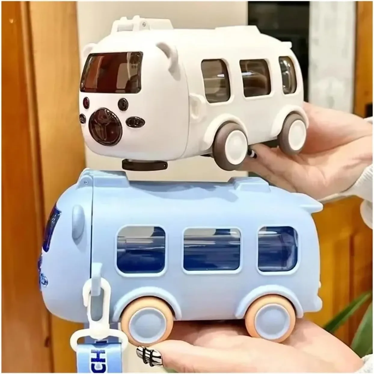 Water Bottle Portable Water Bottle With Shoulder Strap Cute Car Straw Water Cup Bus Shape Kettle 500 Ml Drinking Cup(Blue)