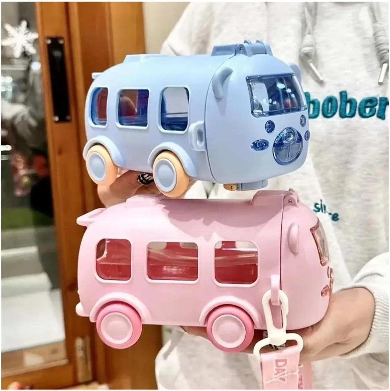 Water Bottle Portable Water Bottle With Shoulder Strap Cute Car Straw Water Cup Bus Shape Kettle 500 Ml Drinking Cup(Blue)