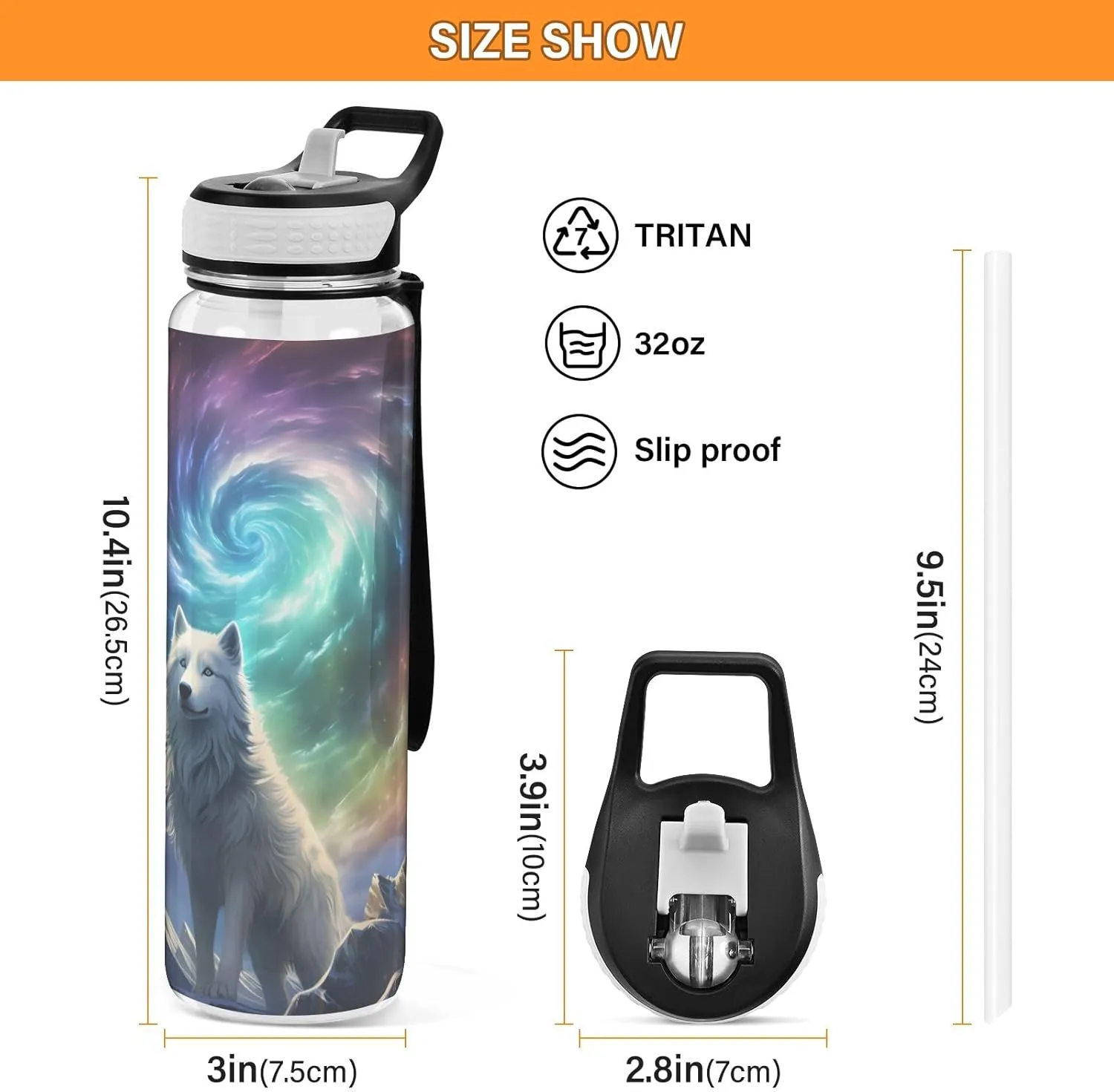 Water Bottle with Straw and Lid White Wolf on Mountain Top Drinking Bottle for School, Fitness, Gym, Camping, Outdoor Sports