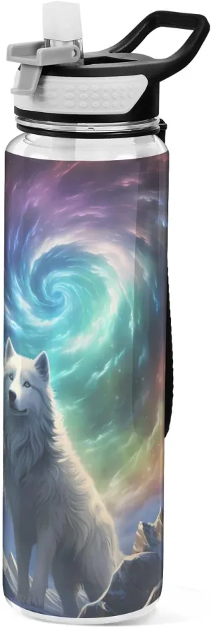 Water Bottle with Straw and Lid White Wolf on Mountain Top Drinking Bottle for School, Fitness, Gym, Camping, Outdoor Sports