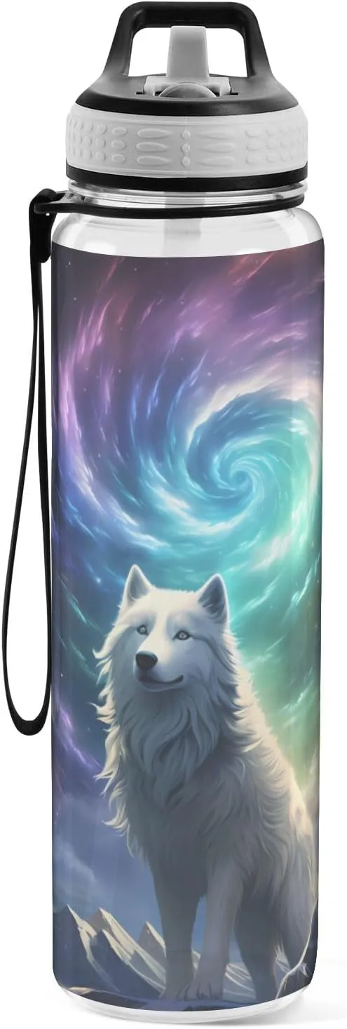 Water Bottle with Straw and Lid White Wolf on Mountain Top Drinking Bottle for School, Fitness, Gym, Camping, Outdoor Sports