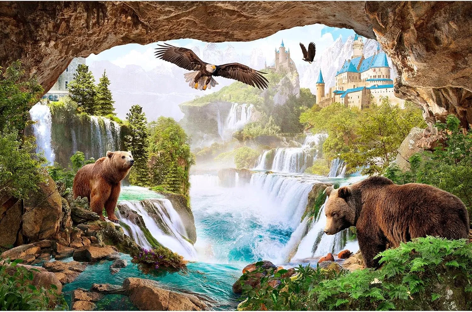 Waterfalls Backdrop Mountains Old Castle Lovely Bears Cave Style Photography Background Pine Trees Green Jungle Rainforest Landscape Backdrops Birds Hawk Fantasy Animals Safari Background 10x6.5ft