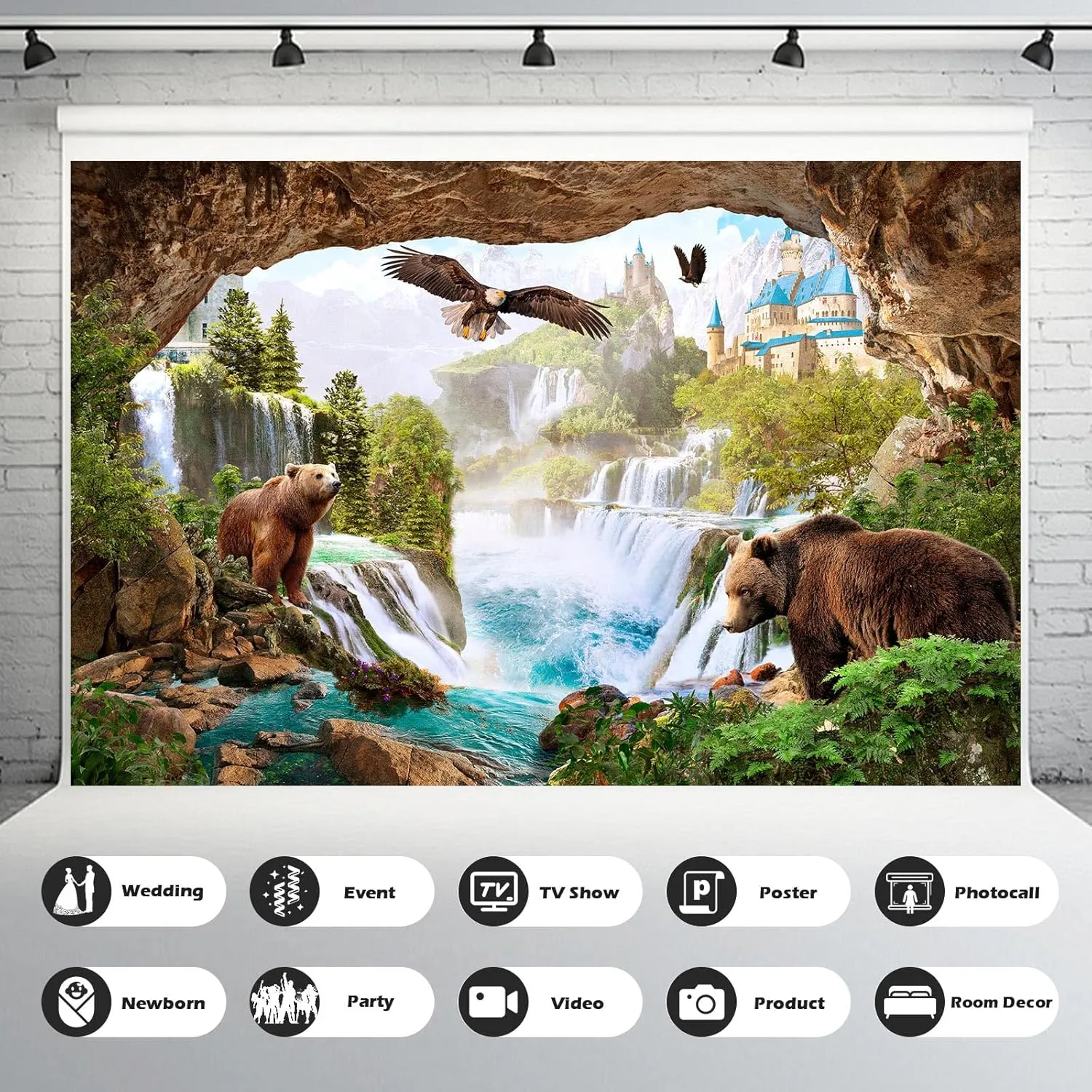 Waterfalls Backdrop Mountains Old Castle Lovely Bears Cave Style Photography Background Pine Trees Green Jungle Rainforest Landscape Backdrops Birds Hawk Fantasy Animals Safari Background 10x6.5ft