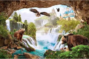 Waterfalls Backdrop Mountains Old Castle Lovely Bears Cave Style Photography Background Pine Trees Green Jungle Rainforest Landscape Backdrops Birds Hawk Fantasy Animals Safari Background 10x6.5ft