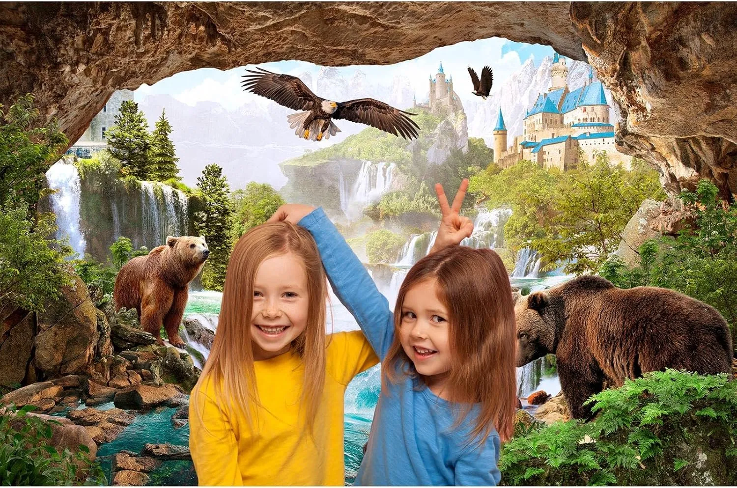 Waterfalls Backdrop Mountains Old Castle Lovely Bears Cave Style Photography Background Pine Trees Green Jungle Rainforest Landscape Backdrops Birds Hawk Fantasy Animals Safari Background 10x6.5ft