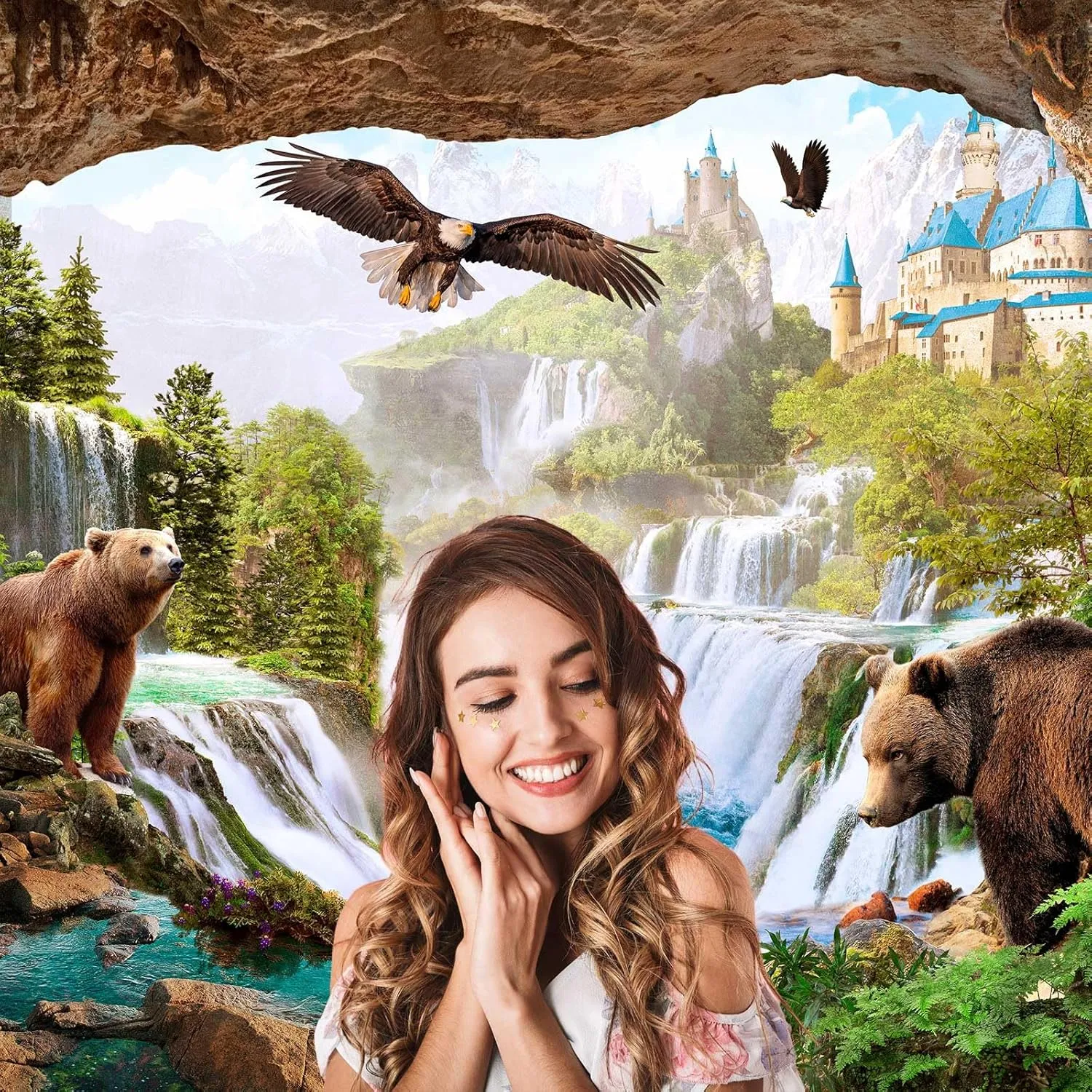 Waterfalls Backdrop Mountains Old Castle Lovely Bears Cave Style Photography Background Pine Trees Green Jungle Rainforest Landscape Backdrops Birds Hawk Fantasy Animals Safari Background 10x6.5ft