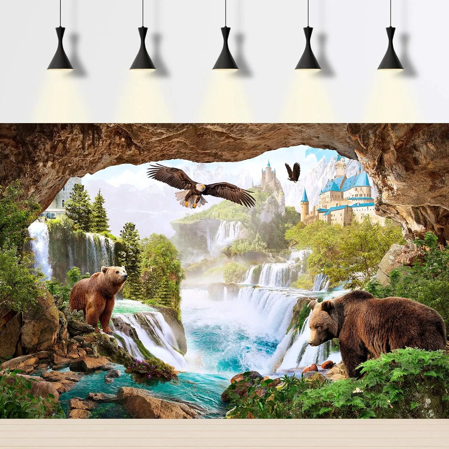 Waterfalls Backdrop Mountains Old Castle Lovely Bears Cave Style Photography Background Pine Trees Green Jungle Rainforest Landscape Backdrops Birds Hawk Fantasy Animals Safari Background 10x6.5ft