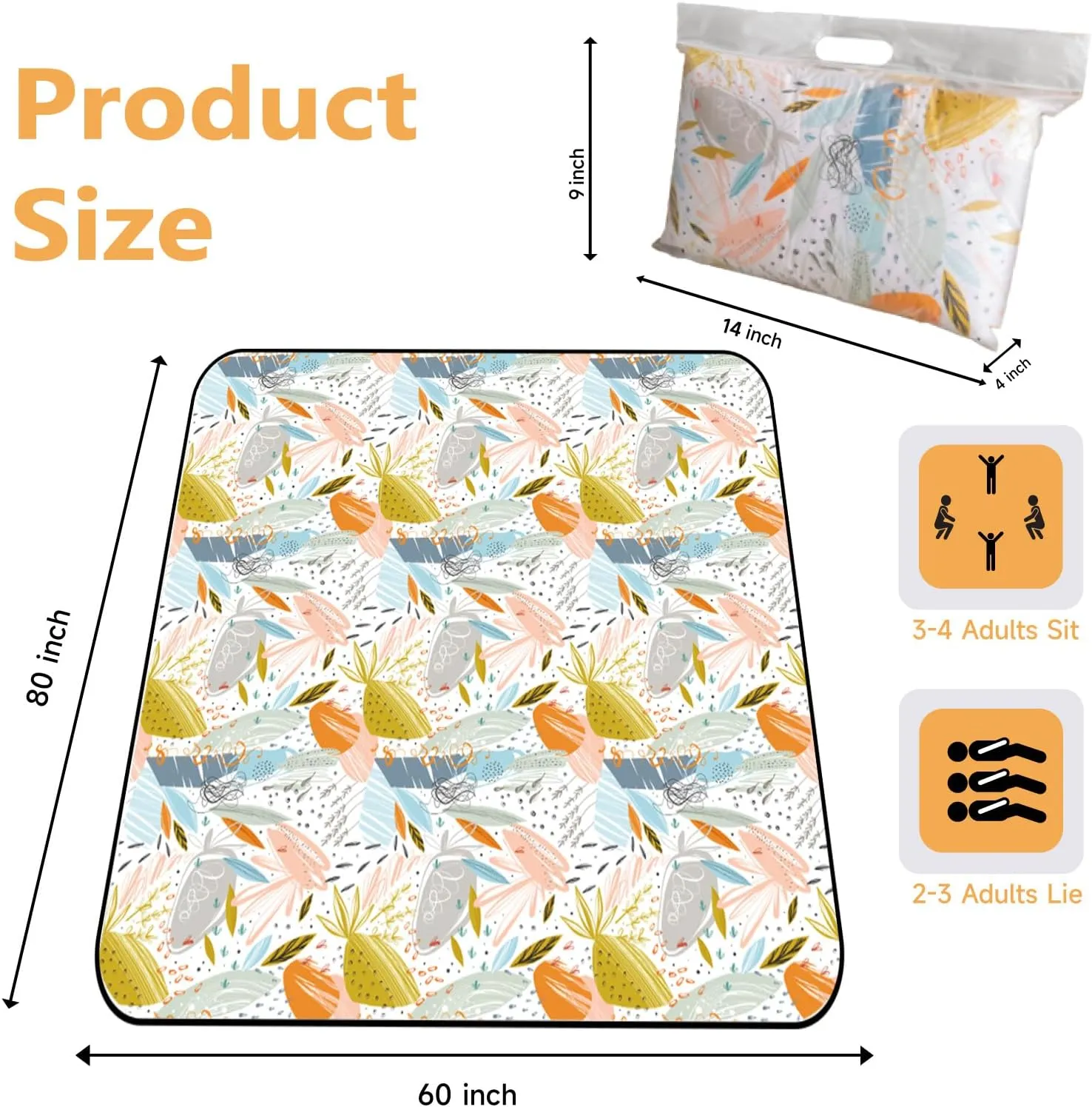 Waterproof & Sandproof Picnic Blanket with Pattern, 80''x60'' Large Outdoor Mat & Camping Rug with Carry Strap, Portable Beach Blanket for Park, Backyard, Indoor Playing, Camping & Beach(Plants Print)