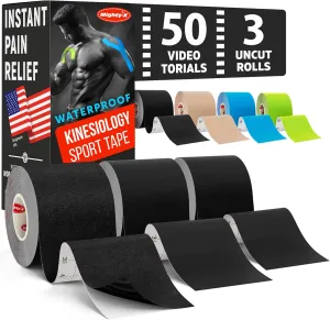 Waterproof Kinesiology Tape - [3 Rolls] - Kinetic Tape - Joints Support & Muscle Pain Relief - 16.4 ft Uncut Knee Tape   50 Videos - Muscle Tape - Easy to Apply Shoulder Tape