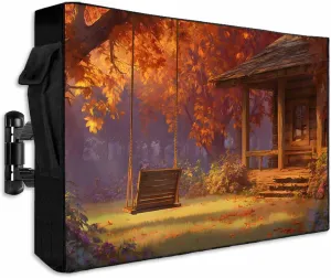 Waterproof Outdoor TV Cover 30 to 32 Inch, Autumn Leaves Pastoral Wood Cabin Outside Flat Screen Televisions Weatherproof Cover Size 30"L x 19"H Swing Orange Forest TV Protector With Zipper