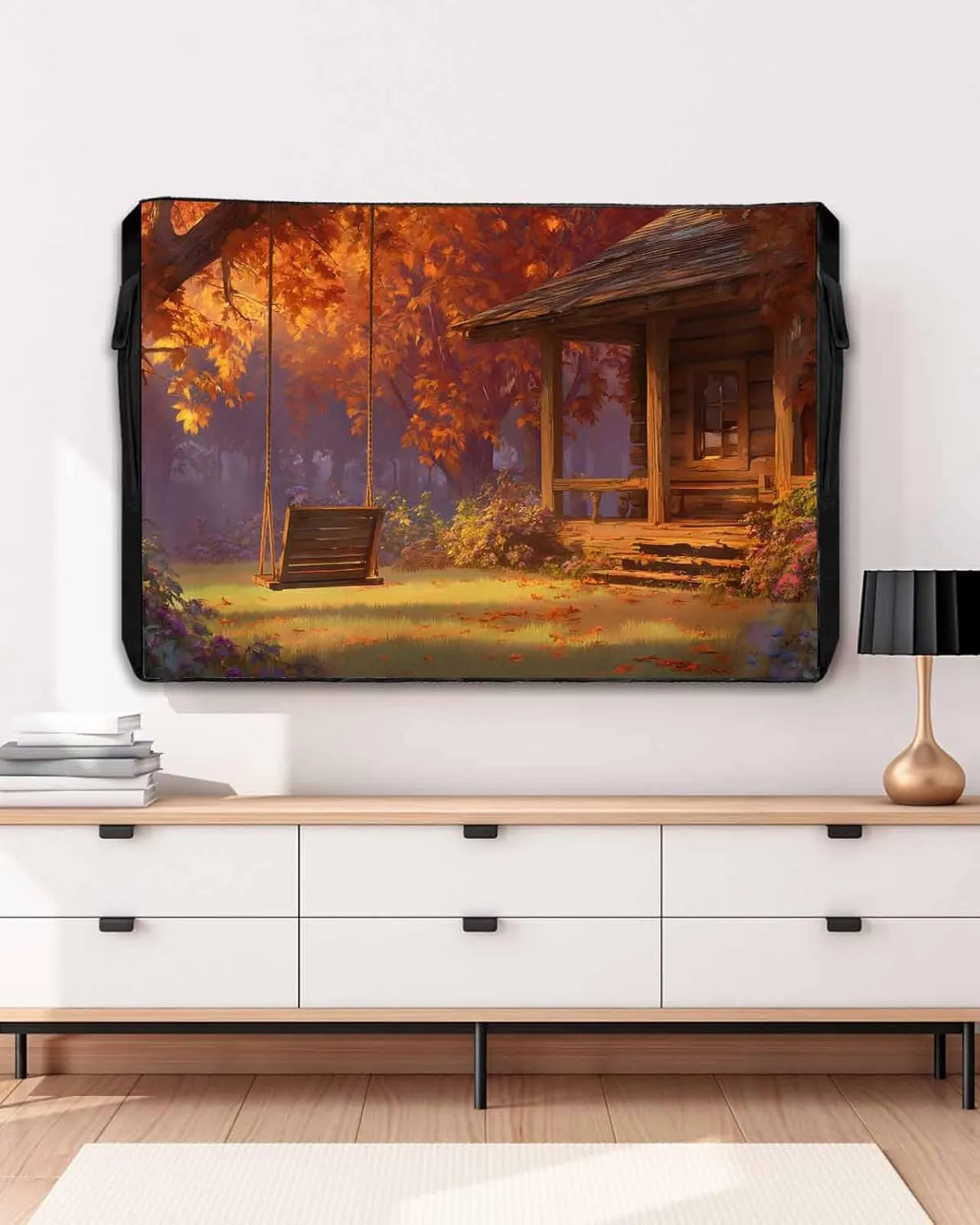 Waterproof Outdoor TV Cover 30 to 32 Inch, Autumn Leaves Pastoral Wood Cabin Outside Flat Screen Televisions Weatherproof Cover Size 30"L x 19"H Swing Orange Forest TV Protector With Zipper