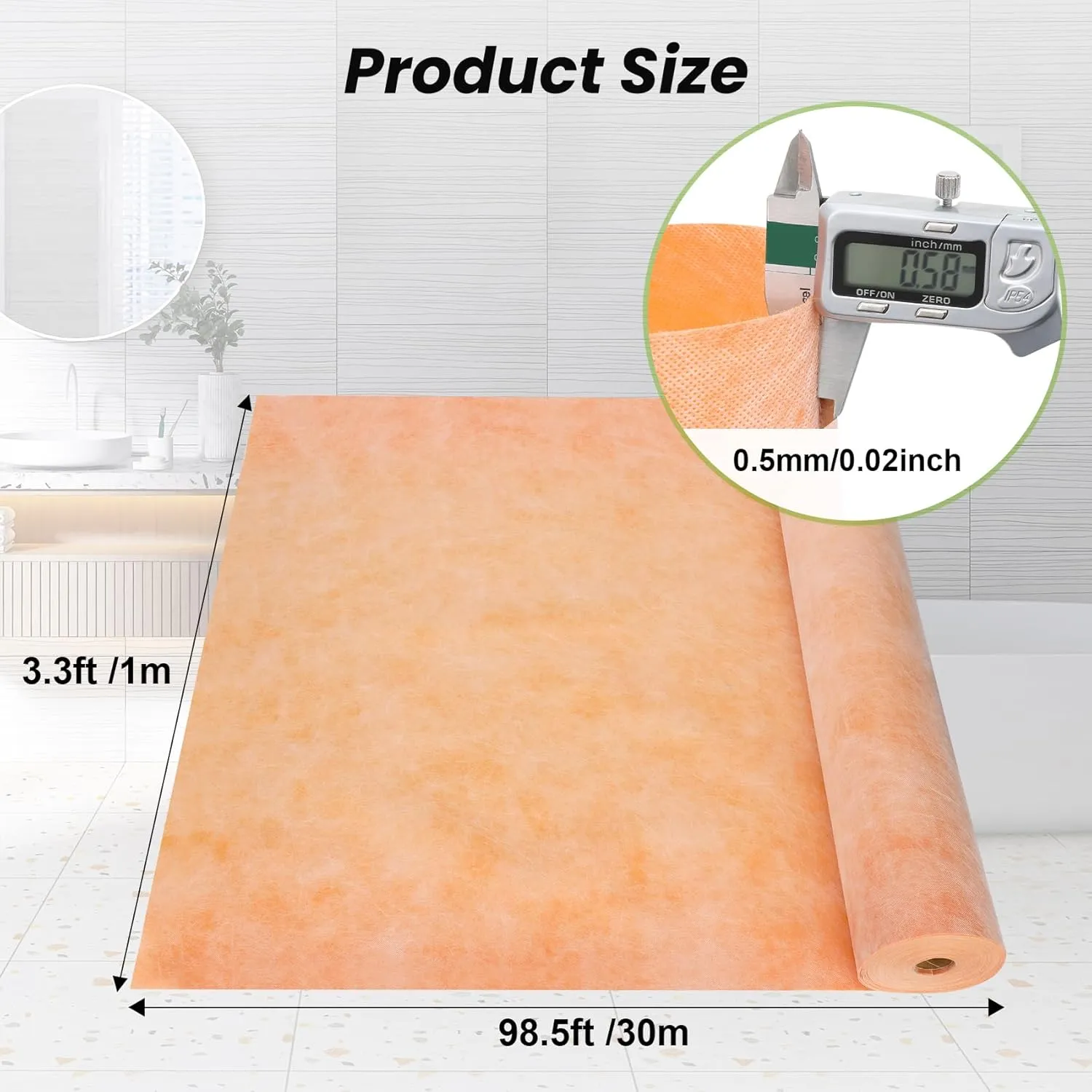 Waterproofing Membrane for Shower,Waterproof Membrane 3.3 FTx98.5 FT Roll(323Sq Ft),23.6 Mil Thick,Suitable for Bathroom Waterproofing,Shower Wall Waterproofing,Sauna Waterproofing,Roof Waterproofing