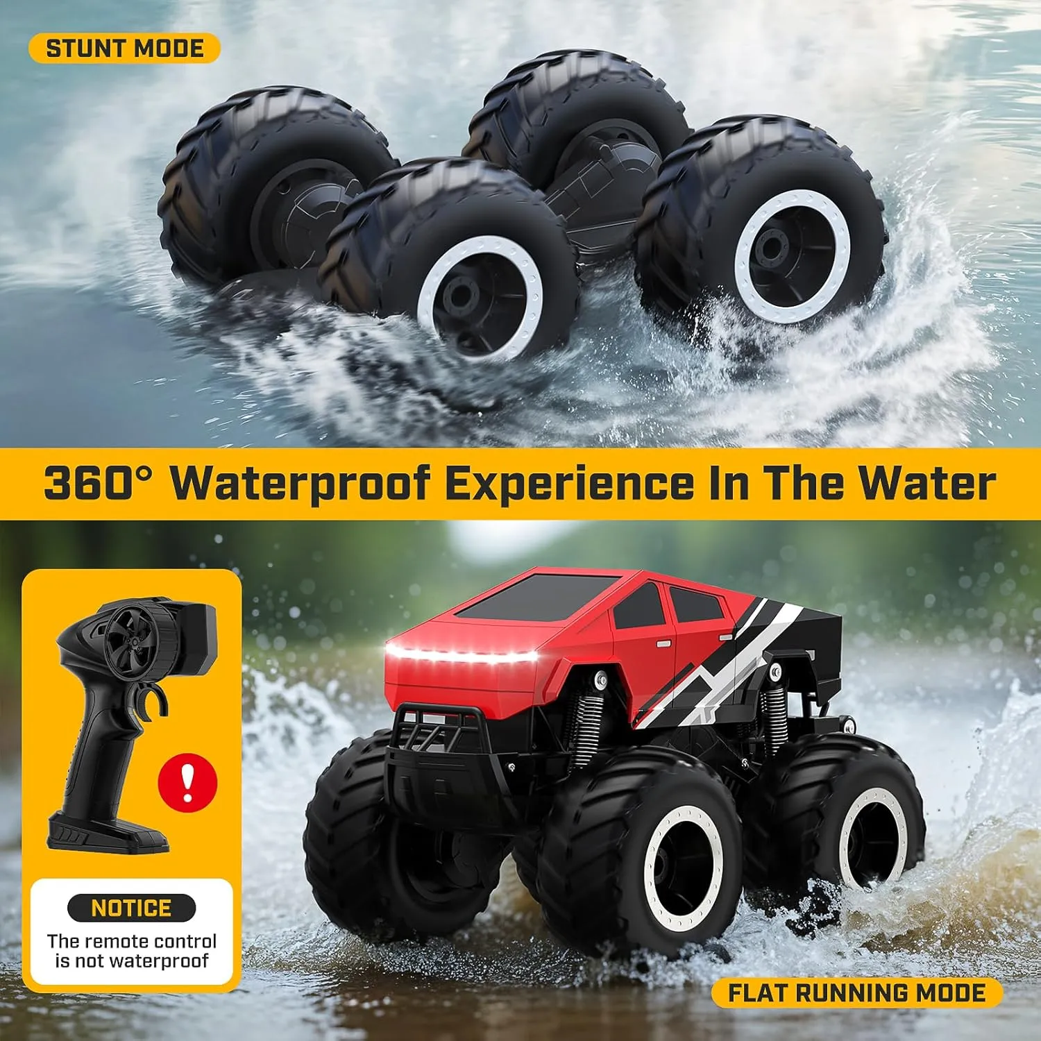 WayEee RC Car Kids Toys for Ages 6 , Remote Control Car Waterproof Monster Truck, Amphibious 4WD All Terrain Off-Road Pickup, 1:16 Scale, 2.4GHZ Vehicles, Boys Christmas Kids Birthday Gift/Red
