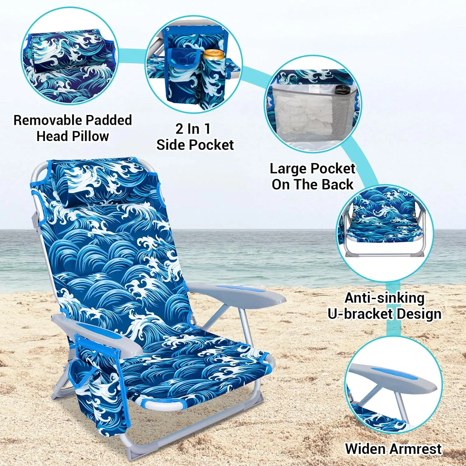 #WEJOY Folding Beach Chair for Adults, 4-Position Aluminum Lightweight Beach Chair, Low Sands Chairs with Shoulder Strap, Cup Holder and Padded Headrest, Supports 265lbs for Lawn