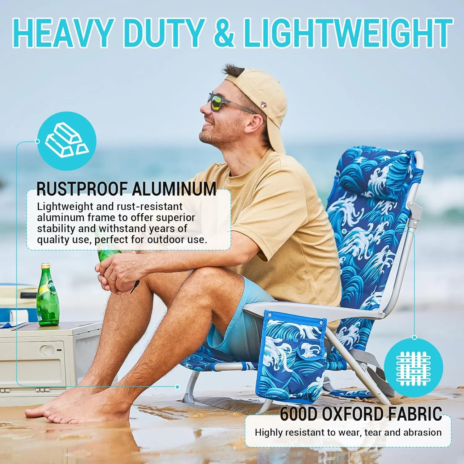 #WEJOY Folding Beach Chair for Adults, 4-Position Aluminum Lightweight Beach Chair, Low Sands Chairs with Shoulder Strap, Cup Holder and Padded Headrest, Supports 265lbs for Lawn