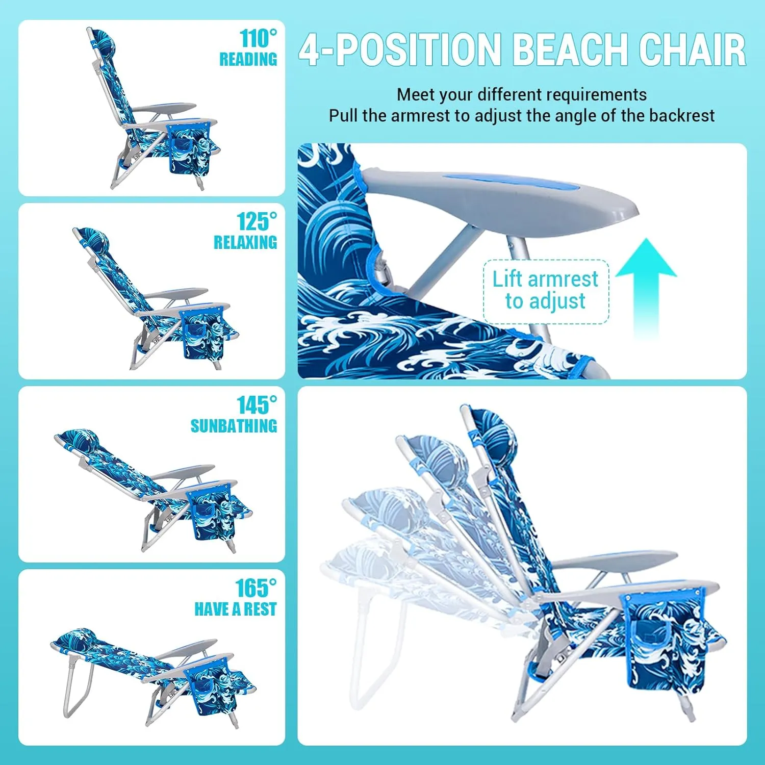 #WEJOY Folding Beach Chair for Adults, 4-Position Aluminum Lightweight Beach Chair, Low Sands Chairs with Shoulder Strap, Cup Holder and Padded Headrest, Supports 265lbs for Lawn