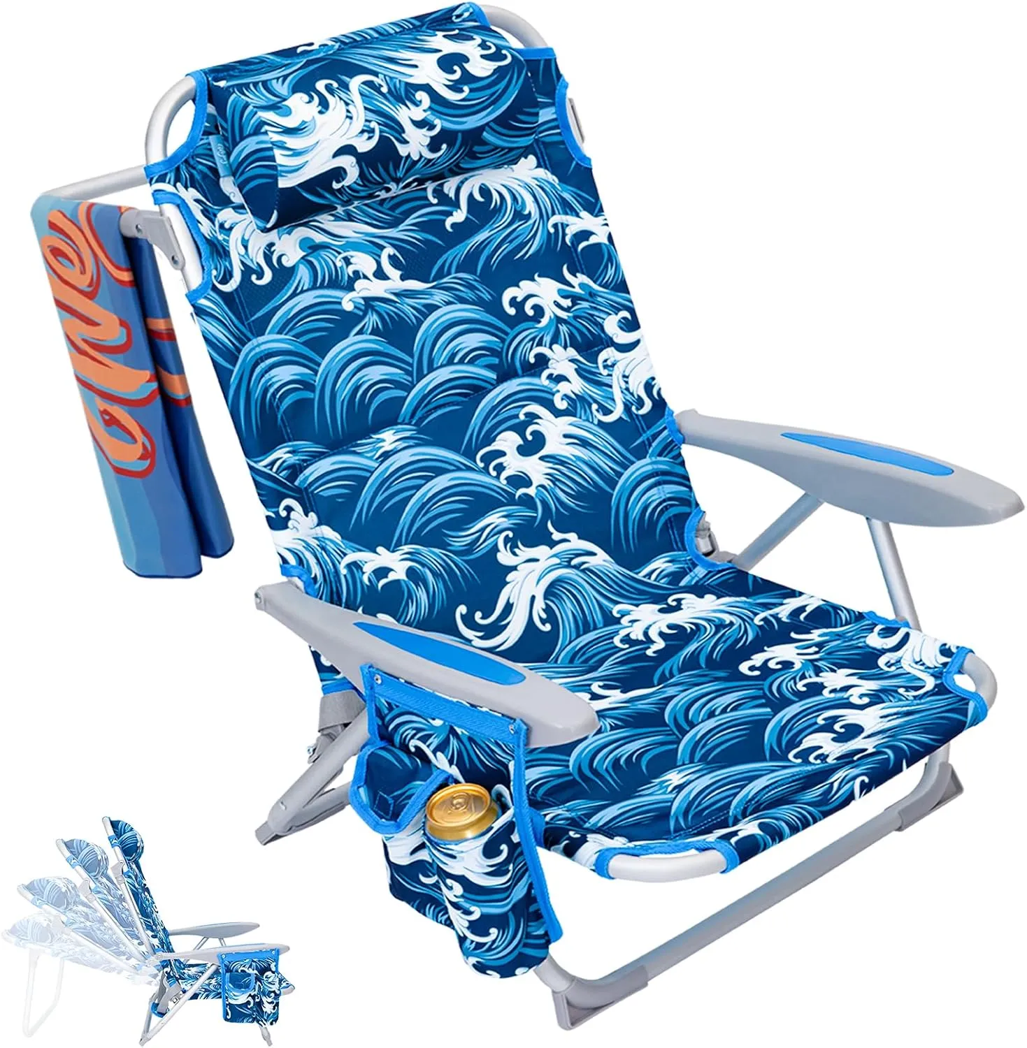 #WEJOY Folding Beach Chair for Adults, 4-Position Aluminum Lightweight Beach Chair, Low Sands Chairs with Shoulder Strap, Cup Holder and Padded Headrest, Supports 265lbs for Lawn