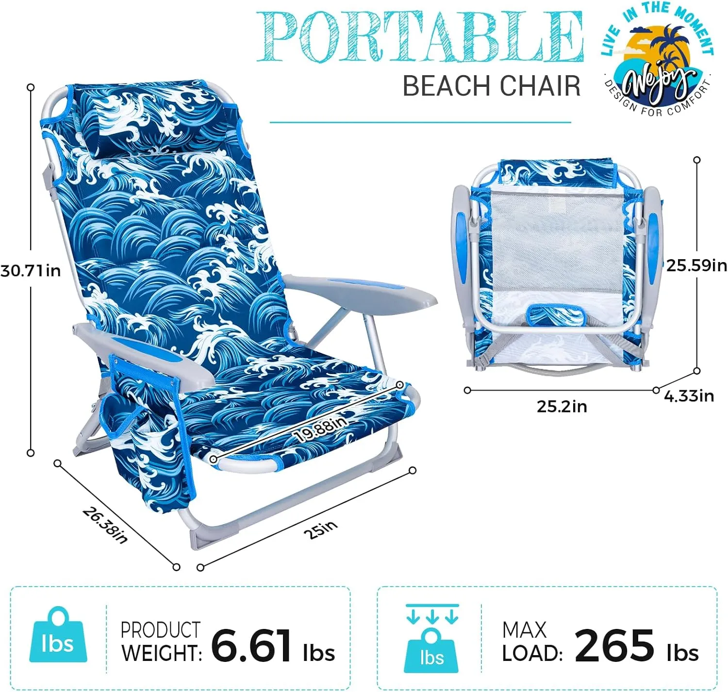 #WEJOY Folding Beach Chair for Adults, 4-Position Aluminum Lightweight Beach Chair, Low Sands Chairs with Shoulder Strap, Cup Holder and Padded Headrest, Supports 265lbs for Lawn