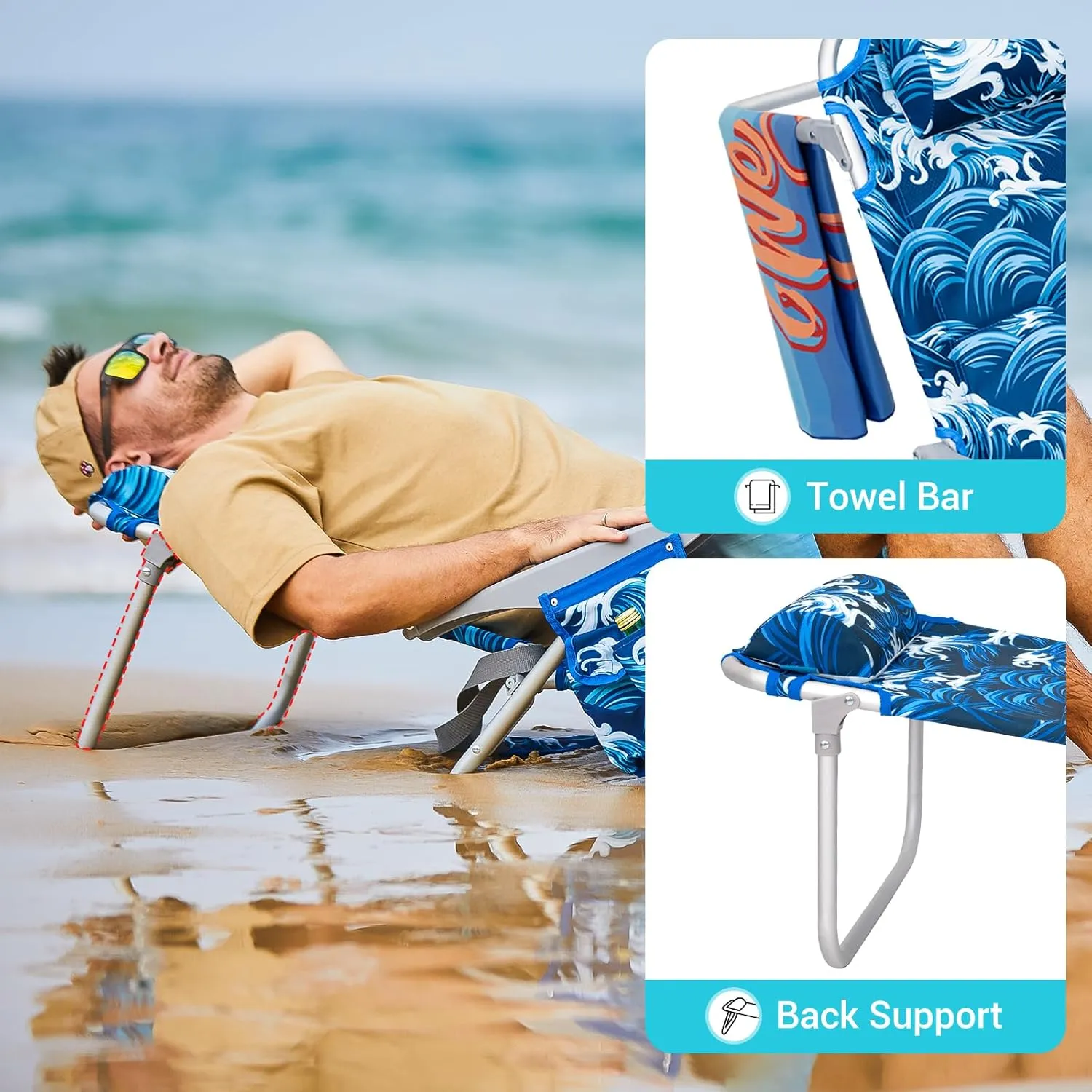 #WEJOY Folding Beach Chair for Adults, 4-Position Aluminum Lightweight Beach Chair, Low Sands Chairs with Shoulder Strap, Cup Holder and Padded Headrest, Supports 265lbs for Lawn