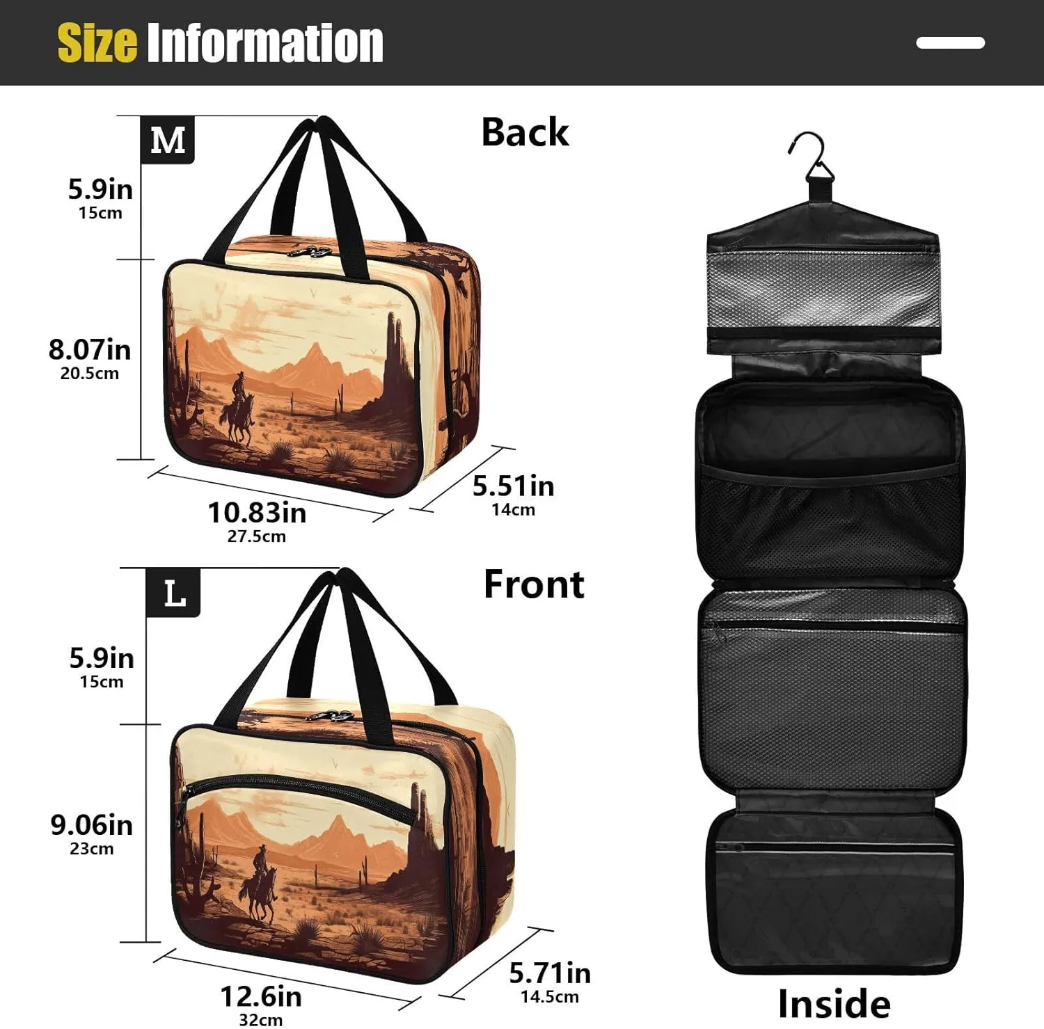 Western Desert Cowboy Toiletry Bag, Large Waterproof Hanging Travel Makeup Organizer Bag, Portable Travel Cosmetic Bag with Handle for Women and Men, Medium