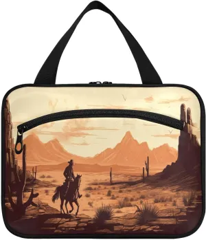 Western Desert Cowboy Toiletry Bag, Large Waterproof Hanging Travel Makeup Organizer Bag, Portable Travel Cosmetic Bag with Handle for Women and Men, Medium