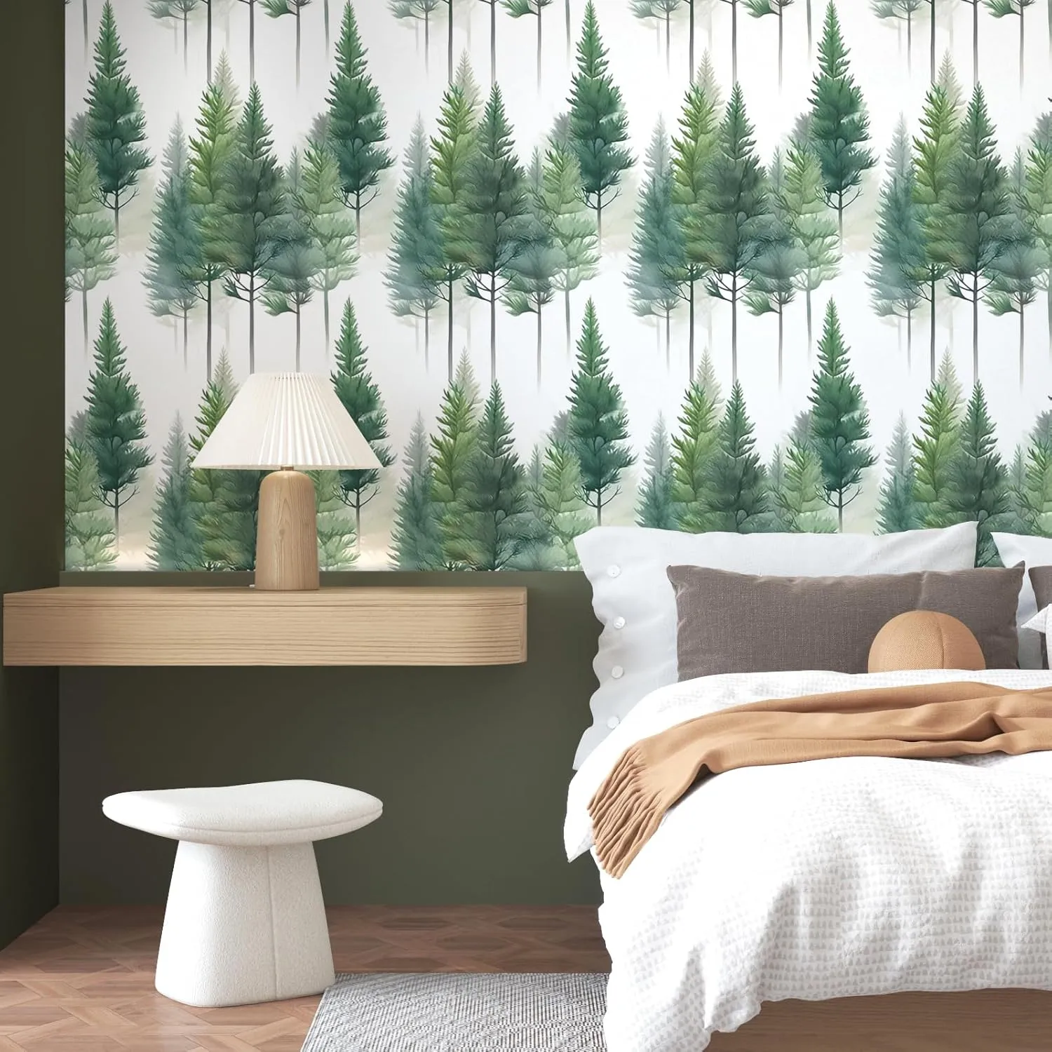 White Green Wallpaper Peel and Stick Trees Contact Paper Boho Forest Wall Paper for Bedroom Bathroom Kitchen Cabinet Countertop Removable Waterproof 17.5" x 118"