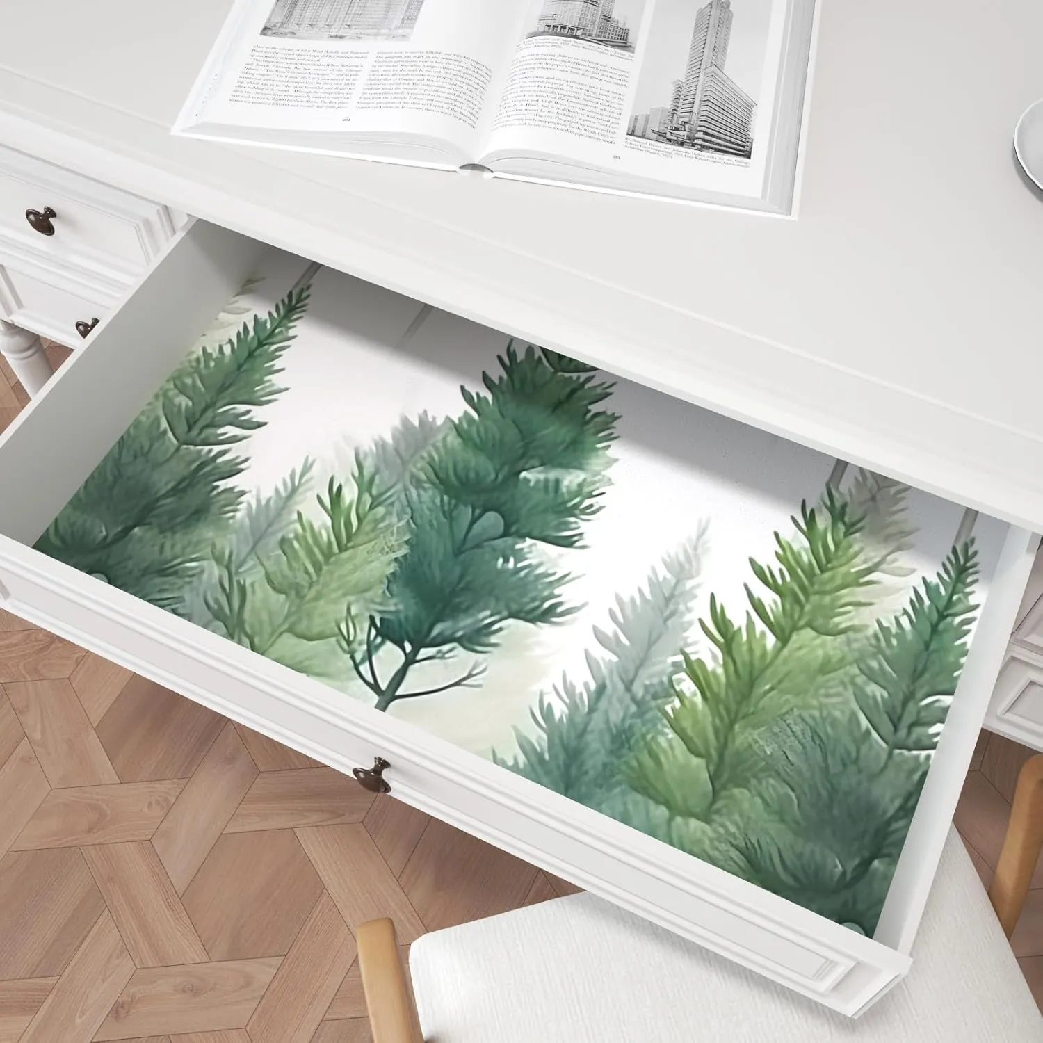 White Green Wallpaper Peel and Stick Trees Contact Paper Boho Forest Wall Paper for Bedroom Bathroom Kitchen Cabinet Countertop Removable Waterproof 17.5" x 118"