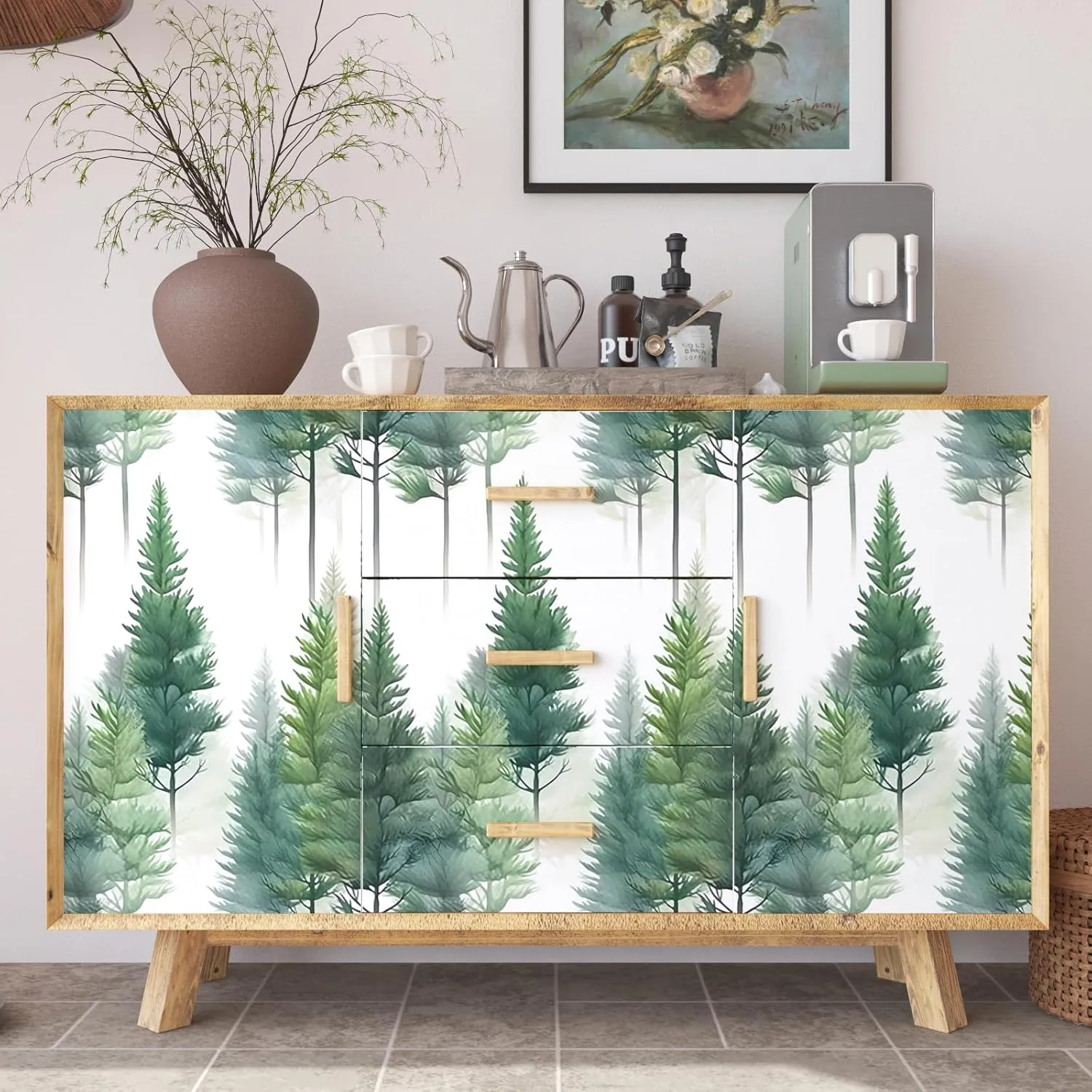 White Green Wallpaper Peel and Stick Trees Contact Paper Boho Forest Wall Paper for Bedroom Bathroom Kitchen Cabinet Countertop Removable Waterproof 17.5" x 118"