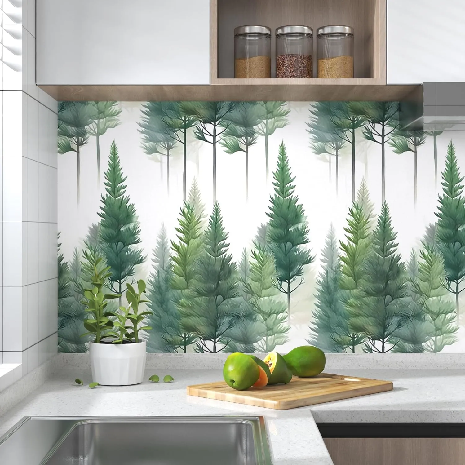 White Green Wallpaper Peel and Stick Trees Contact Paper Boho Forest Wall Paper for Bedroom Bathroom Kitchen Cabinet Countertop Removable Waterproof 17.5" x 118"