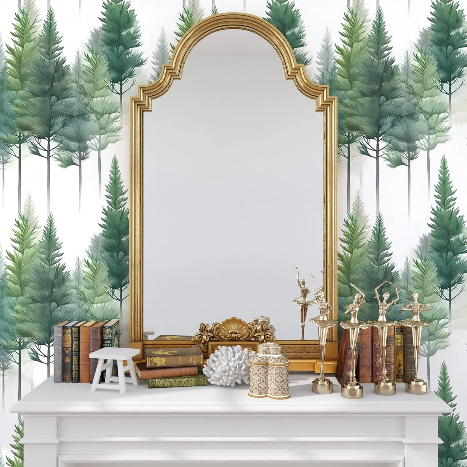 White Green Wallpaper Peel and Stick Trees Contact Paper Boho Forest Wall Paper for Bedroom Bathroom Kitchen Cabinet Countertop Removable Waterproof 17.5" x 118"