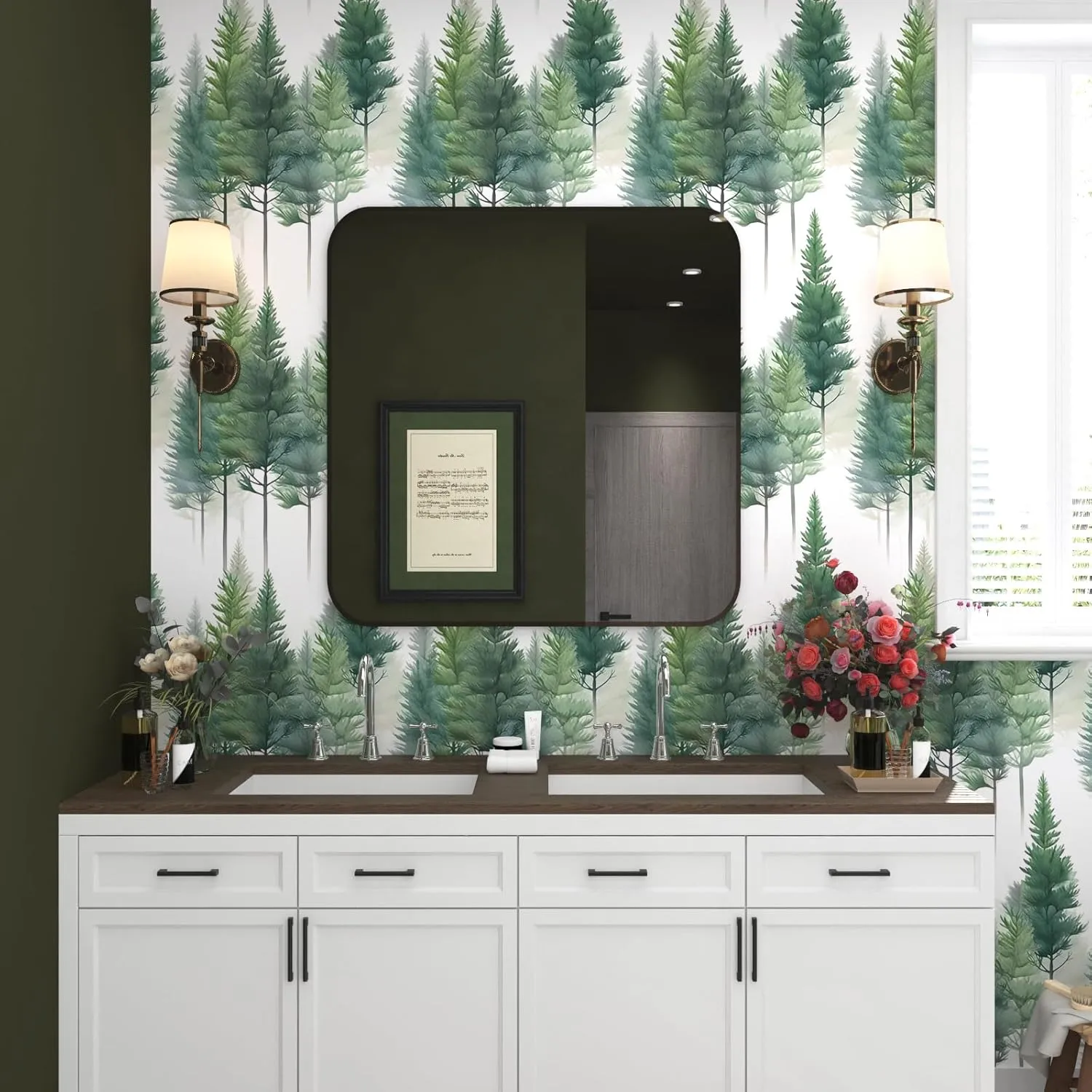 White Green Wallpaper Peel and Stick Trees Contact Paper Boho Forest Wall Paper for Bedroom Bathroom Kitchen Cabinet Countertop Removable Waterproof 17.5" x 118"