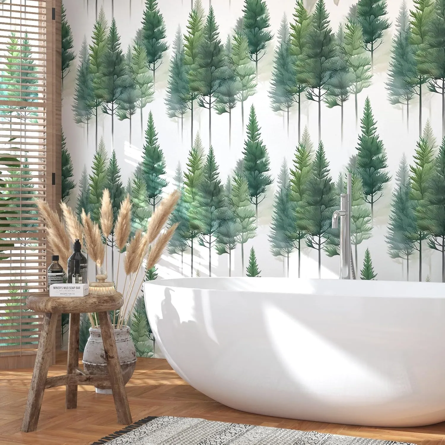 White Green Wallpaper Peel and Stick Trees Contact Paper Boho Forest Wall Paper for Bedroom Bathroom Kitchen Cabinet Countertop Removable Waterproof 17.5" x 118"