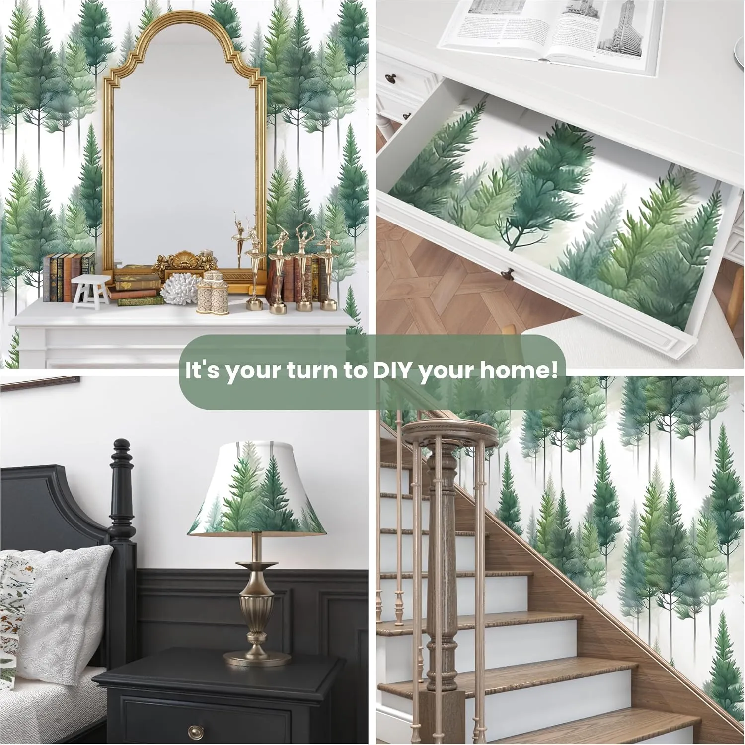 White Green Wallpaper Peel and Stick Trees Contact Paper Boho Forest Wall Paper for Bedroom Bathroom Kitchen Cabinet Countertop Removable Waterproof 17.5" x 118"