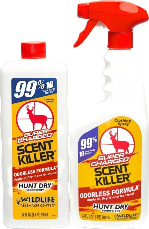 Wildlife Research Center Super Charged Scent Killer Spray & Refill – Odor Eliminator for Hunting – Works After Drying – Odor Control for Clothes & Gear – Hunting Spray (48 FL OZ Combo)