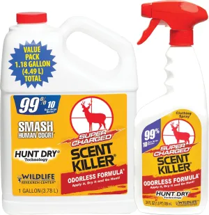Wildlife Research Center Super Charged Scent Killer Spray & Refill – Odor Eliminator for Hunting – Works After Drying – Scent Control for Clothes & Gear – Hunting Spray (Gallon Combo)