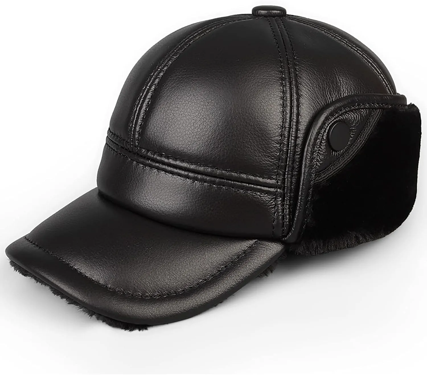 Winter Hats, Hat Mens Hat Leather Cap Thick Trooper Trapper Hat Aviator Hat with Big Eaves Winter Black