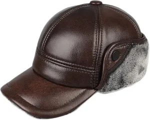 Winter Hats, Hat Mens Hat Leather Cap Thick Trooper Trapper Hat Aviator Hat with Big Eaves Winter Brown