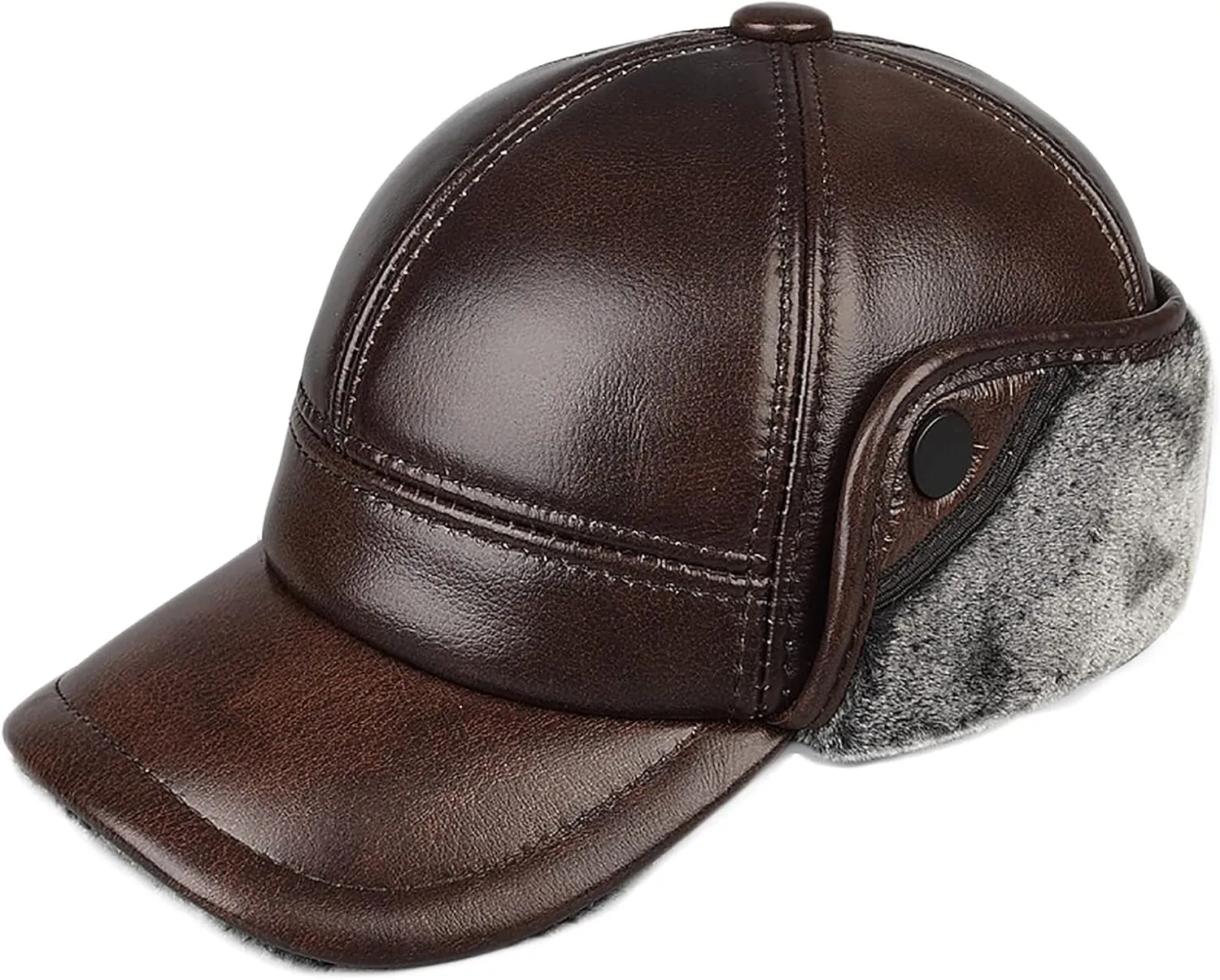 Winter Hats, Hat Mens Hat Leather Cap Thick Trooper Trapper Hat Aviator Hat with Big Eaves Winter Brown