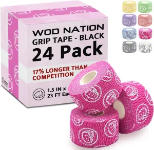 WOD Nation Weightlifting Hook Grip Tape - Bulk Packs of 3, 12, 24 Rolls (23ft/Roll) Comfortable & Stretchy Athletic Thumb Tape for Weight Lifting & Cross Training - Protect Thumb, Wrist & Finger
