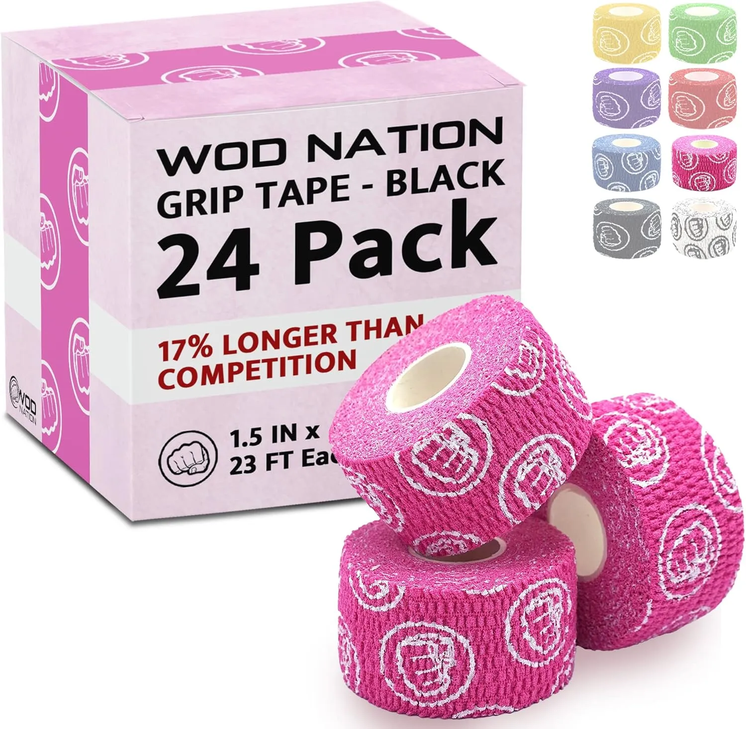 WOD Nation Weightlifting Hook Grip Tape - Bulk Packs of 3, 12, 24 Rolls (23ft/Roll) Comfortable & Stretchy Athletic Thumb Tape for Weight Lifting & Cross Training - Protect Thumb, Wrist & Finger