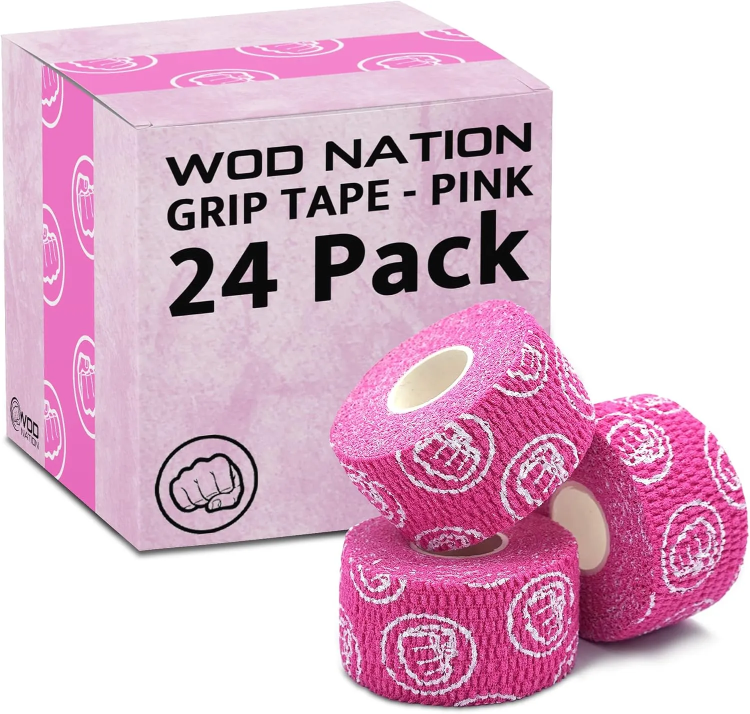 WOD Nation Weightlifting Hook Grip Tape - Bulk Packs of 3, 12, 24 Rolls (23ft/Roll) Comfortable & Stretchy Athletic Thumb Tape for Weight Lifting & Cross Training - Protect Thumb, Wrist & Finger