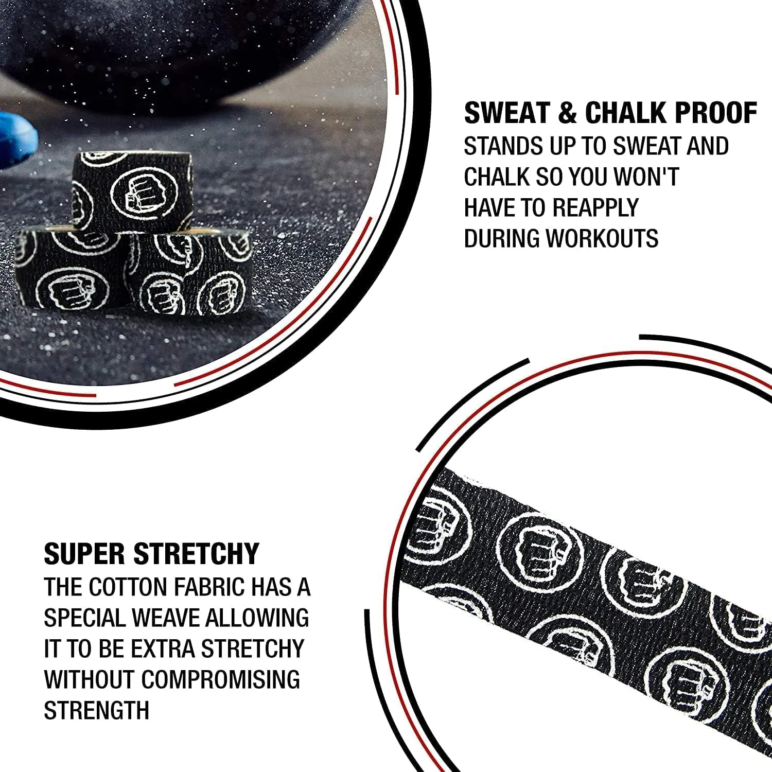 WOD Nation Weightlifting Hook Grip Tape - Comfortable, Stretchy Athletic Thumb Tape for Cross Training – Protects Wrist & Finger - Weight Lifting - Powerlifting (3-Pack, 23ft Each, Black)
